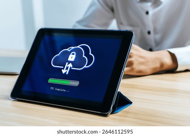 Backup Storage. downloading file transfer on digital mobile tablet in meeting room office, cloud computing download and upload file, artificial intelligence, cloud storage technology concept