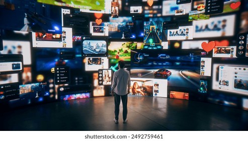 Backview Of Caucasian Man Enjoying Animated Stream Of Online Interfaces With Social Media, Fintech Services, e-Commerce Shopping, Internet Influencers And Games. Visualization Of Web Network.