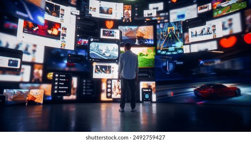 Backview Of Caucasian Man Looking at Animated Stream Of Content. Visualization Of Browsing Metaverse Big Data with Videos, Social Media Profiles with Influencers, and Internet Communities. - Powered by Shutterstock