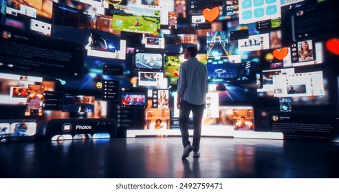 Backview Of Caucasian Man Looking at Animated Stream Of Content. Visualization Of Browsing Metaverse Big Data with Viral Videos, Social Media Profiles with Influencers, and Internet Communities. - Powered by Shutterstock