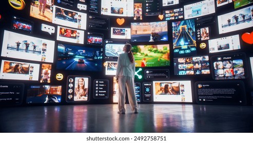 Backview Of Caucasian Woman Connecting To Animated Stream of Content. Browsing Multimedia all-in-one Entertainment, Messaging, TV, Videos, Emoji, Sharing, Video Game Playing, Fintech, Online Shopping. - Powered by Shutterstock