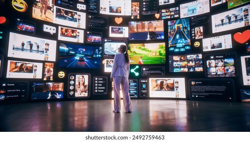 Backview Of Caucasian Woman Connecting to Animated Stream Of Content. Visualization Of Browsing Metaverse Big Data with Viral Videos, Social Media Profiles with Influencers, and Internet Communities.