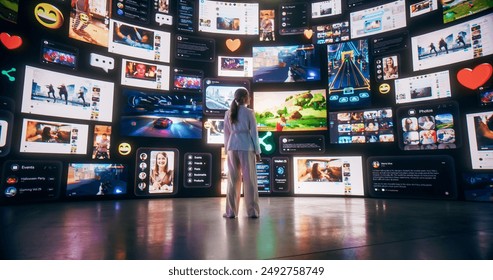Backview Of Caucasian Woman Connecting to Cyberspace Internet Interface, Browsing Web Content, Watching Videos, Social Media. Animated Stream Of Online Entertainment With Influencers And Gaming. - Powered by Shutterstock - Get 15% off with code: PIKWIZARD15