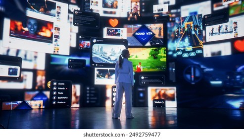 Backview of Caucasian Woman Looking at 3D Cyberspace With Animated Social Media Interfaces, Online Video Games, Videos, Internet Content. Visualization Of Female Enthusiast Surfing Computer Network.