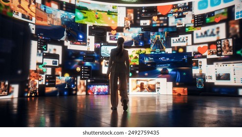 Backview Of Caucasian Woman Looking at Animated Stream Of Online Interfaces With Social Media, Fintech Services, e-Commerce Shopping, Internet Influencers And Video Games. Visualization Of Web Network - Powered by Shutterstock