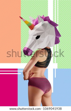 Backview of slim model wearing paper colorful unicorn's head and fancy underwear. Standing on intresting saturated background with geometrical lines and figures. Nice, stunning body.