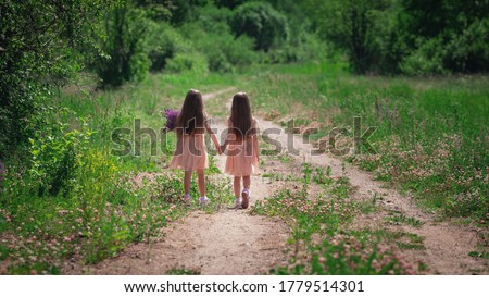 Backwards view of little identical twin sisters with long hair walking together holding hands at road among field in dresses at sunny nature in grass and flowers. Girls friendship and youth concept.