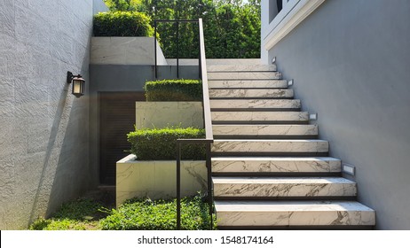 Backyard in the afternoon mood. White marble stairs and plant pots. Green natural in backyard. Bangkok, Thailand. 