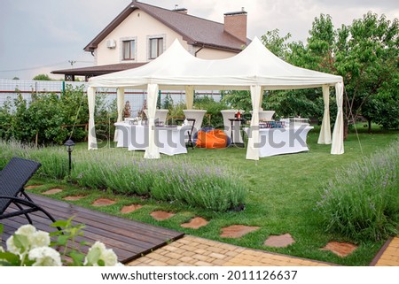 Backyard barbeque party at summer, elegant decoration, luxury catering, tasty and beautiful food on open air, drink and buffet standing reception, festive celebration