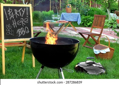 Backyard BBQ Grill Party Scene.Chalkboard With Sign Party Here BBQ, Flaming Grill, Wood Outdoor Furniture, Garden Decoration, Wine, Picnic Basket