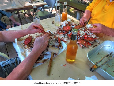 Backyard Crab Feast Eating Steamed Blue Crab From Baltimore, Maryland In The Summer