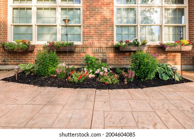 Backyard Flower Bed And Window Flower Boxes In Summer