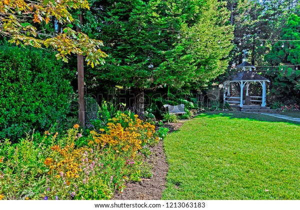 Backyard Garden Gazebo Flower Bed Bench Stock Photo Edit Now