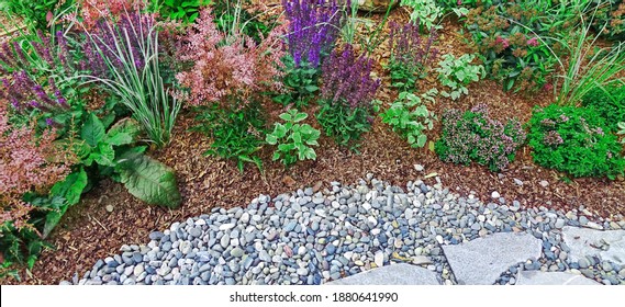 Backyard Garden Modern Designed Landscaping. Decorative Garden Design. Back Yard Lawn And Natural Mulched Border Between Grass, Plants And Pebble, Gravel Or Stone Walk Path. - Shutterstock ID 1880641990