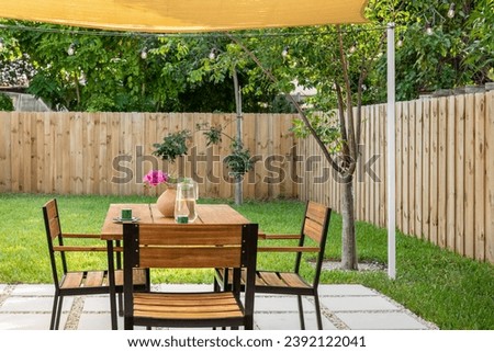 Backyard Garden with Natural Green Cesped in Florida, USA. clear Blue Sky with some Clouds, Natural Abundant Vegetation with lots of Trees that Creates an Armonic Atmosphere.