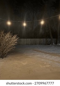 Backyard at Night with Snow and Warm String Lights