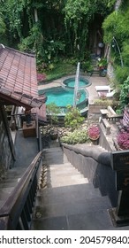 From The Backyard Pathway Down The Stairs, To The Nicely Designed Swimming Pool At Kopisusu Guest House, Surrounded With Greenery, Trees, Feeling In The Jungle, In Ubud, Bali, Indonesia Jan 2020