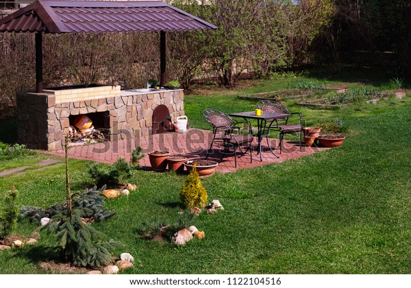 Backyard Patio Area Fireplace Furniture Green Stock Photo Edit