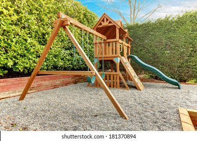 Backyard Playground With Swings, Climbing Wood Panel, Chute.