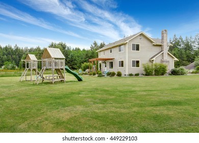 Backyard Playground With Swings, Climbing Wood Panel, Chute.