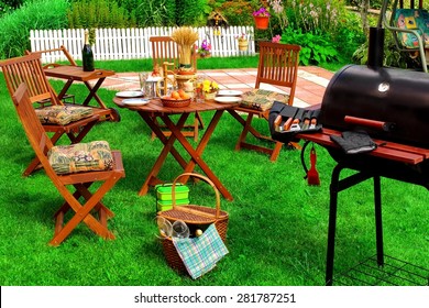 Backyard Summer BBQ & Cocktail Party Or Picnic On The Lawn Scene And Concept