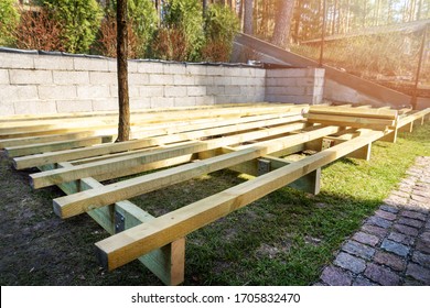 backyard terrace construction - wooden frame for patio deck