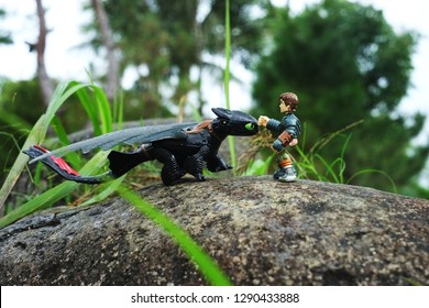 Bacolod City/Philippines - December 31, 2018: Outdoor Photography Of How To Train Your Dragon Or HTTYD Toy Characters Toothless And Hiccup Depicting  A Taming Scenario Based From The Film  