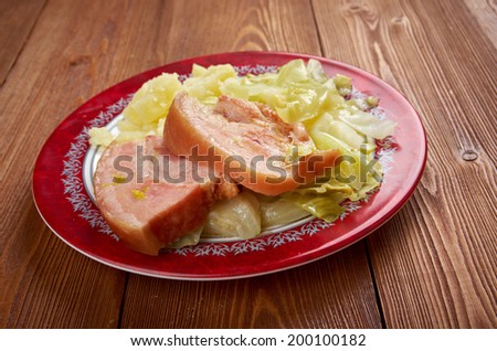 Bacon and cabbage -  dish traditionally associated with Ireland. back bacon boiled with cabbage and potatoes.