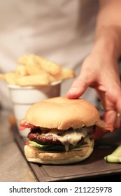 Bacon And Cheese Burger In Brioche Bun