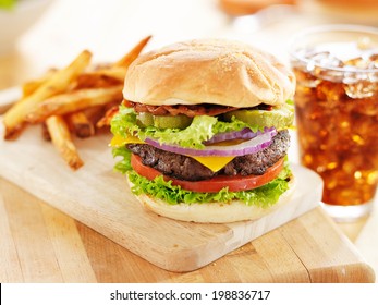 Bacon Cheeseburger With French Fries And Soft Drink