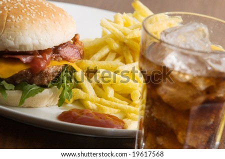 bacon cheeseburger with fries and coke