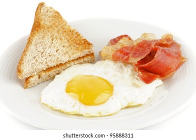 Bacon, Eggs And Toasts Isolated On White Background