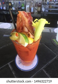 Bacon Olive Celery Bloody Mary With Tajin Rim.