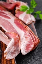 Bacon Slice Fresh Pancetta Smoked Lard Meat Meal Food Snack On The Table Copy Space Food Background Rustic Top View