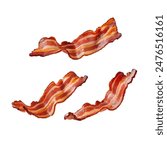 bacons flying in air, isolated on white background. Beef and Pork bacons meat slices flying. Sliced bacons floating.