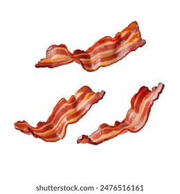 bacons flying in air, isolated on white background. Beef and Pork bacons meat slices flying. Sliced bacons floating.