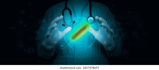 Bacteria, bacilli, E. coli, part of the intestinal microbiome. Concept of infectious agents. The doctor analyzes the stomach bacteria. Isolated object on light blue background. - Powered by Shutterstock