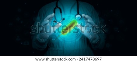 Bacteria, bacilli, E. coli, part of the intestinal microbiome. Concept of infectious agents. The doctor analyzes the stomach bacteria. Isolated object on light blue background.