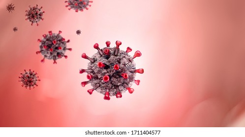 Bacteria Molecule Cell On Abstract Defocused Red Background. Medical Banner With Microbe Against Virus, Disease And Sickness. COVID19 Attack Abstract Concept