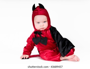 Bad Baby Boy In Halloween Outfit On Isolated Background