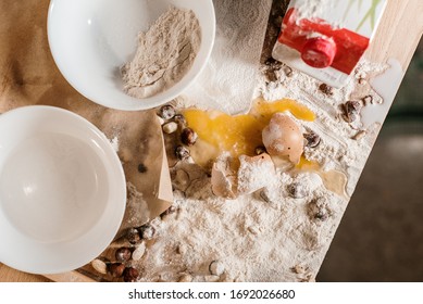 Bad Day In The Kitchen. Picture Of Messy Ingredients While Baking.