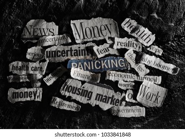 Bad Economic Related News Headlines On Dark Background                               