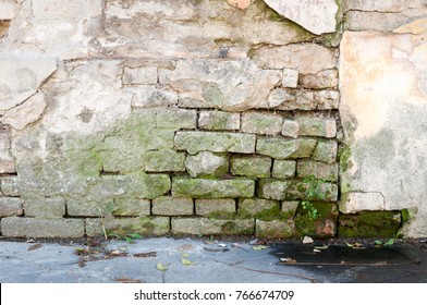 Bad Foundation Base On Old House Or Building Cracked Plaster Facade Wall With Brick Background