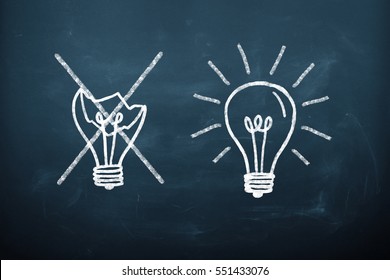 Bad And Good Idea Concept - Bulbs Drawn On The Blackboard