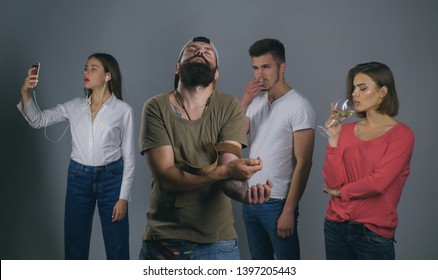 Bad habits or addiction. People suffering from alcohol and cocaine or tobacco addiction to behavior like selfie addiction. Group of men and women addicted to substance use and behavioral addiction.