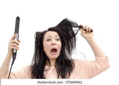 Bad Hair Day, Portrait Girl With Messed Up Hair Isolated On White Background. Frustrated Woman Having. Caucasian Girl Looking In Despair And Panic, Being Late For Important Event, Mouth Wide Open