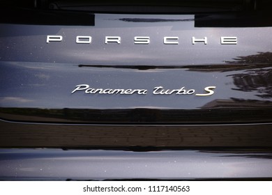 BAD HOMBURG, GERMANY - MAY 19: Close-up Of The Rear Of A Black-painted Porsche Panamera Turbo S Sports Car On May 19, 2018 In Bad Homburg.                           