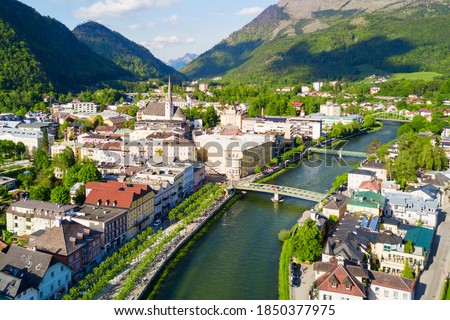 Bad Ischl aerial panoramic view, Austria. Bad Ischl is a spa town in the centre of the Salzkammergut region in Upper Austria.