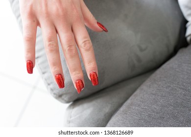 Bad Manicure. Broken Nail With Red Lacquer