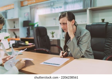 Bad Meeting Business Conflict. Angry Boss Upset At Employees In An Office. Toxic Work Environment. Business Asian Caucasian Women Have Problems And Upset With Meeting Plans Fail Cause Product No Sale.